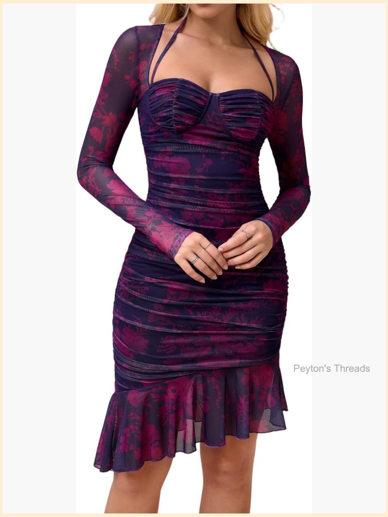 Long Sleeve Halter Ruched Bodycon Midi Dress Floral Mesh Ruffle Wedding Guest